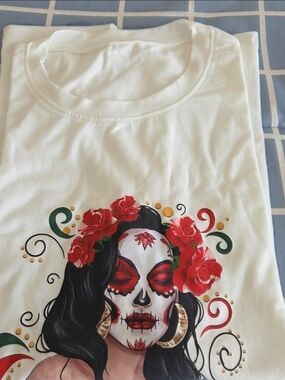 White Tee with Red Floral Sugar Skull Graphic